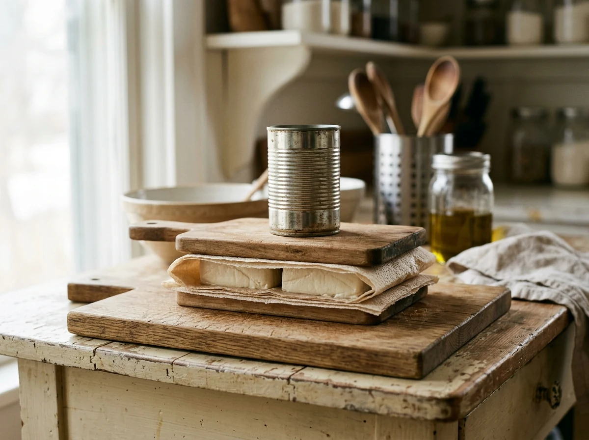 Zwei Tofu-Blöcke zwischen Küchenpapier und Brettern, beschwert mit einer kleinen Konservendose.