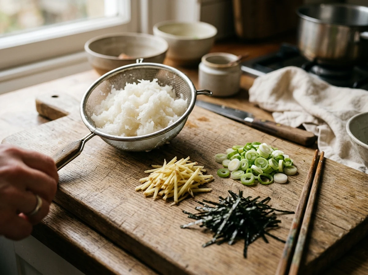 Geriebener Daikon in einem kleinen Sieb, daneben Ingwer, Frühlingszwiebelringe und Nori-Streifen.