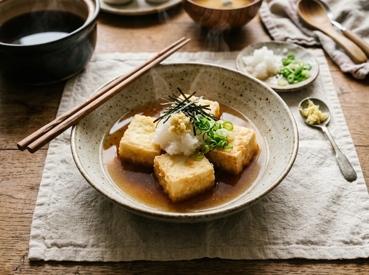 Drei goldbraune Tofu-Würfel in flacher Keramikschale mit Tsuyu, gekrönt von Daikon-Oroshi, Ingwer, Frühlingszwiebel und Nori.
