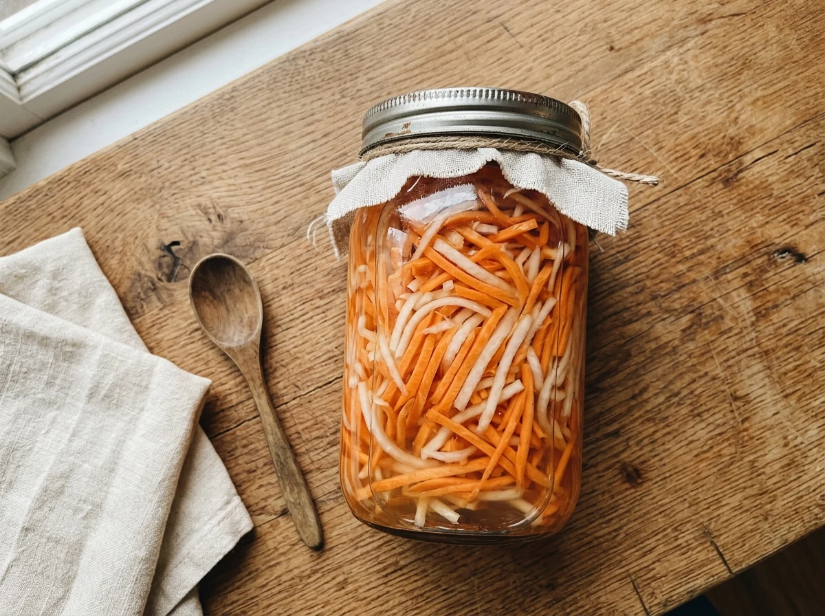 Karotten- und Daikon-Julienne in einem Glas, von einer hellen Essiglake bedeckt.
