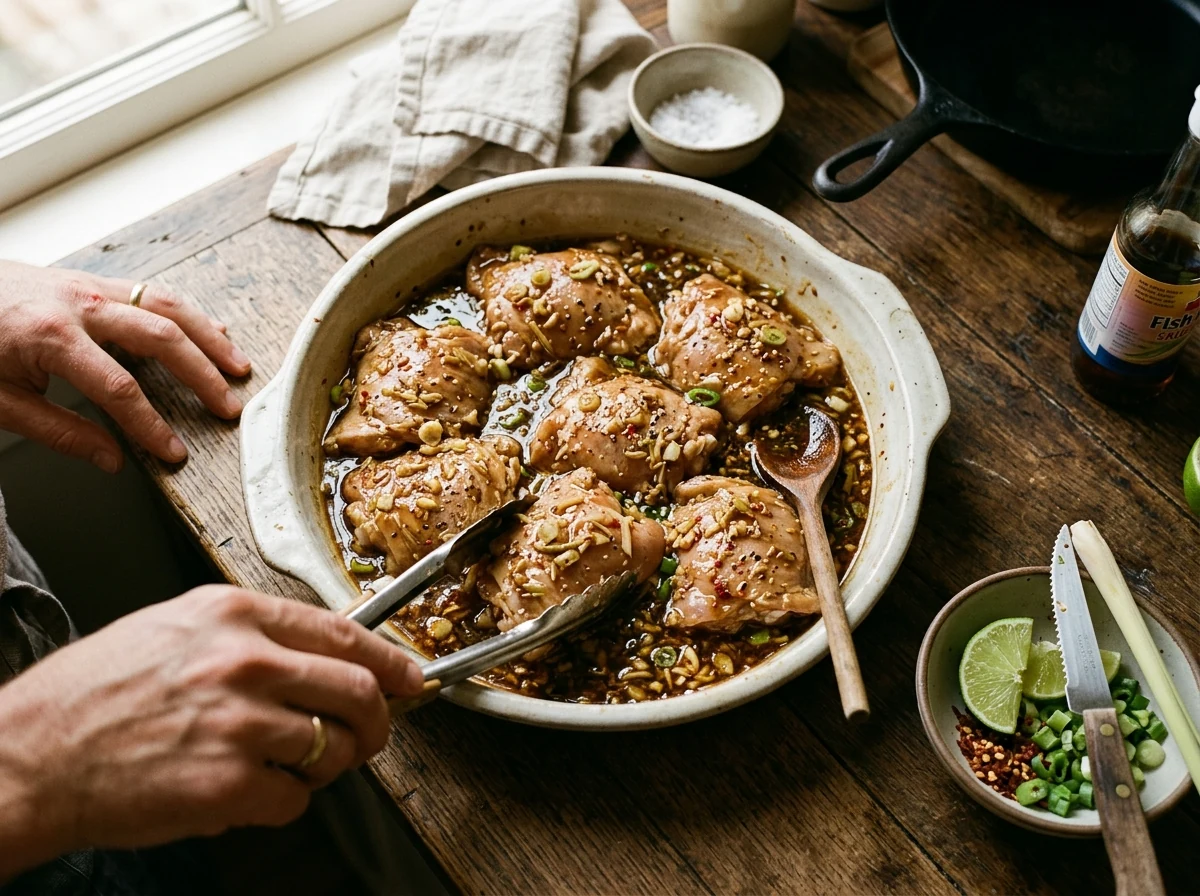 Hähnchenschenkel in Zitronengras-Knoblauch-Marinade, glänzend, in einer flachen Schale.