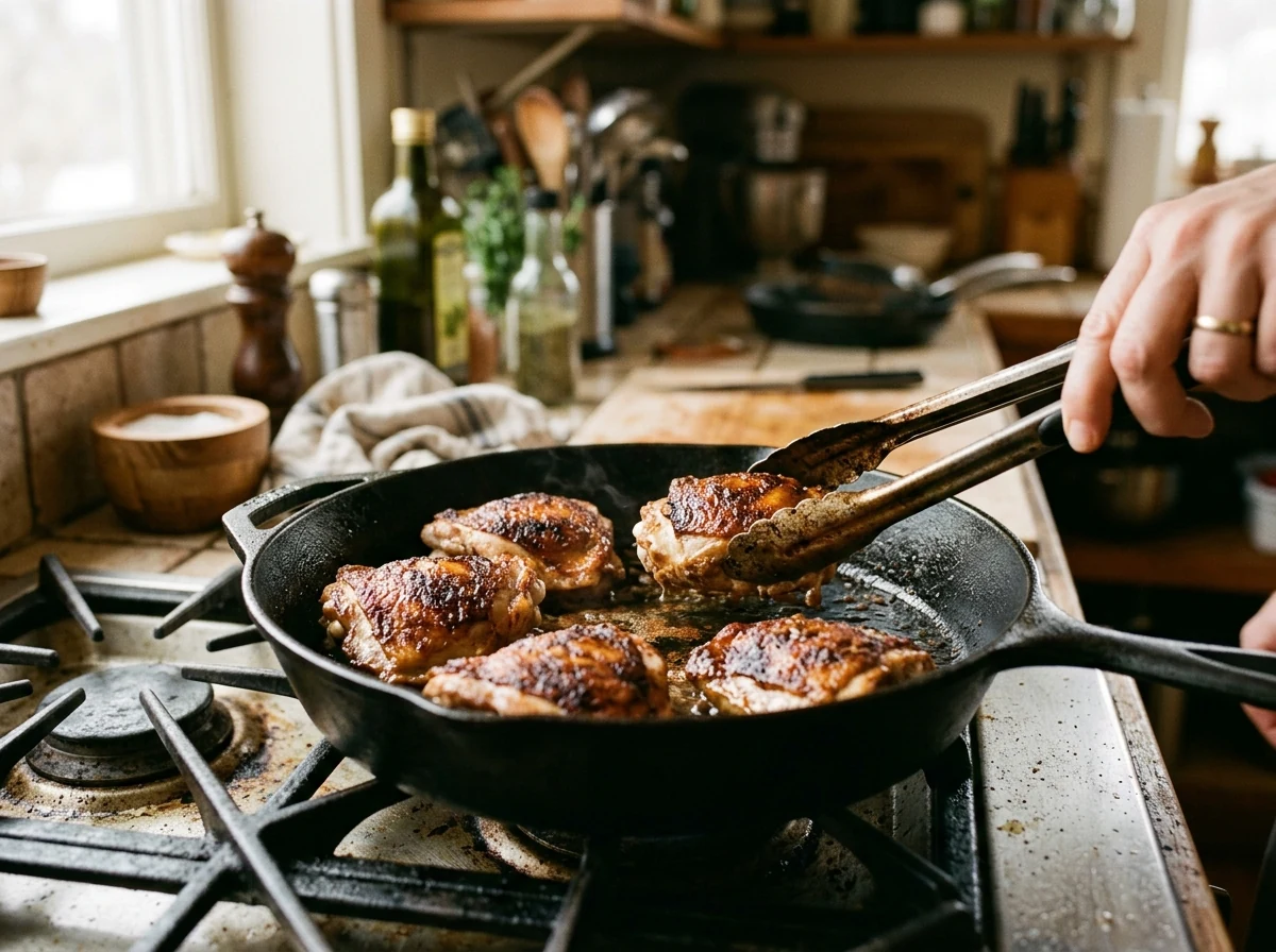Hähnchenschenkel mit tiefbrauner karamellisierter Oberfläche in einer schweren Pfanne.