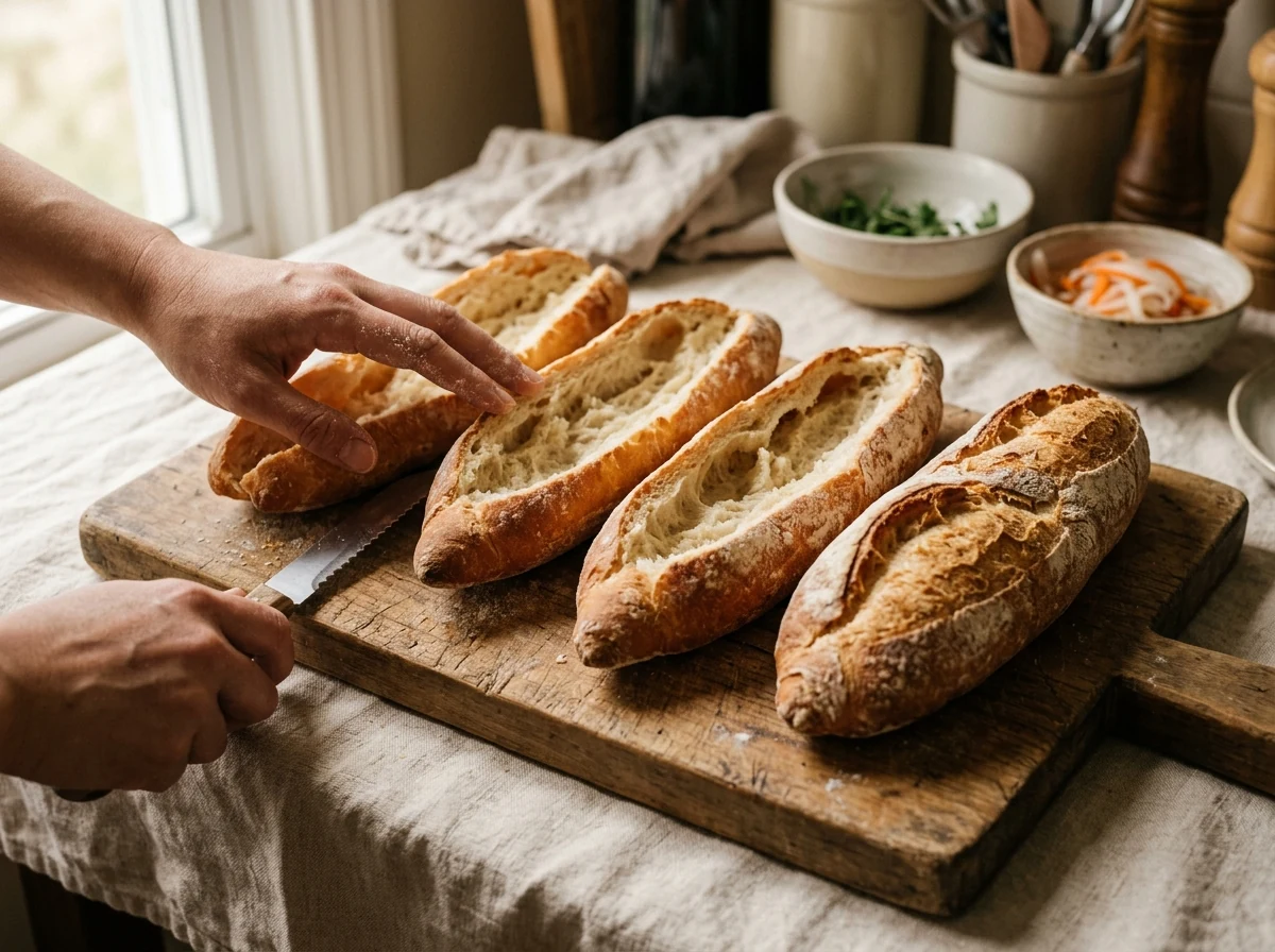 Vier knusprige aufgeschnittene vietnamesische Baguettes, leicht ausgedrückt.