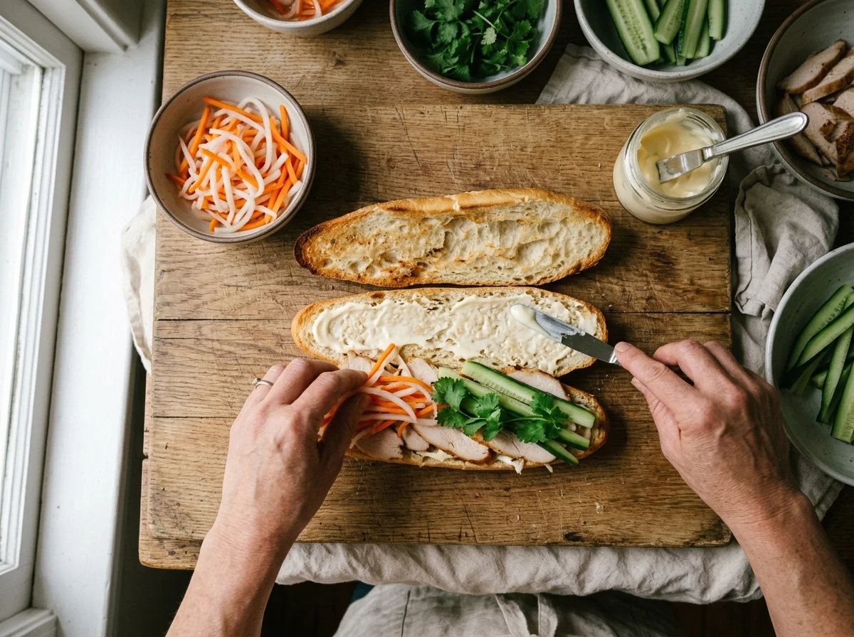 Aufgeschnittenes Baguette wird mit Mayonnaise bestrichen, Hähnchen, Đồ Chua, Gurke und Koriander geschichtet.