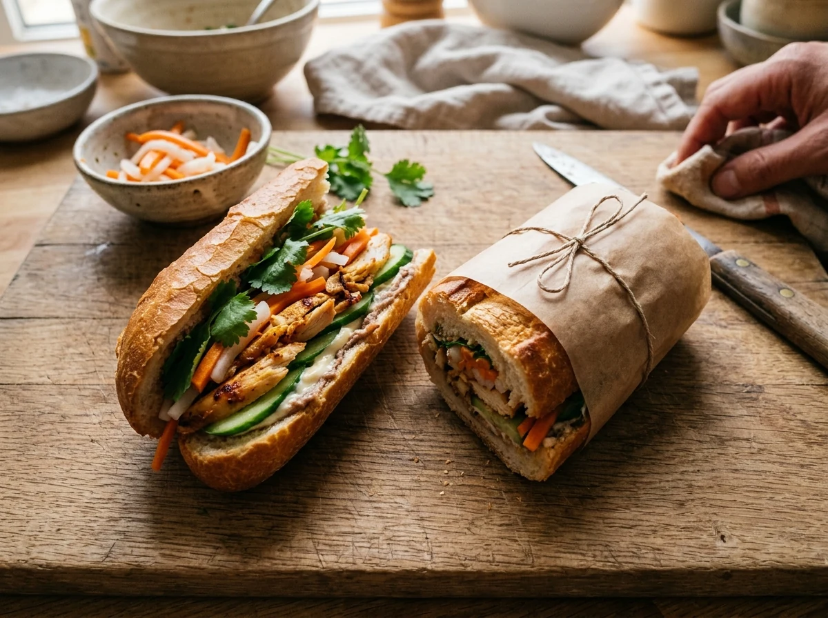 Diagonal halbiertes Bánh Mì zeigt im Querschnitt alle Schichten: Hähnchen, Đồ Chua, Gurke, Koriander.