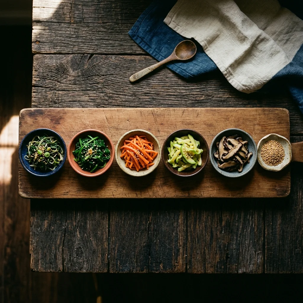 Sechs verschiedene Namul-Häufchen auf einer großen Servierplatte, jedes in seinem eigenen kleinen Stapel.