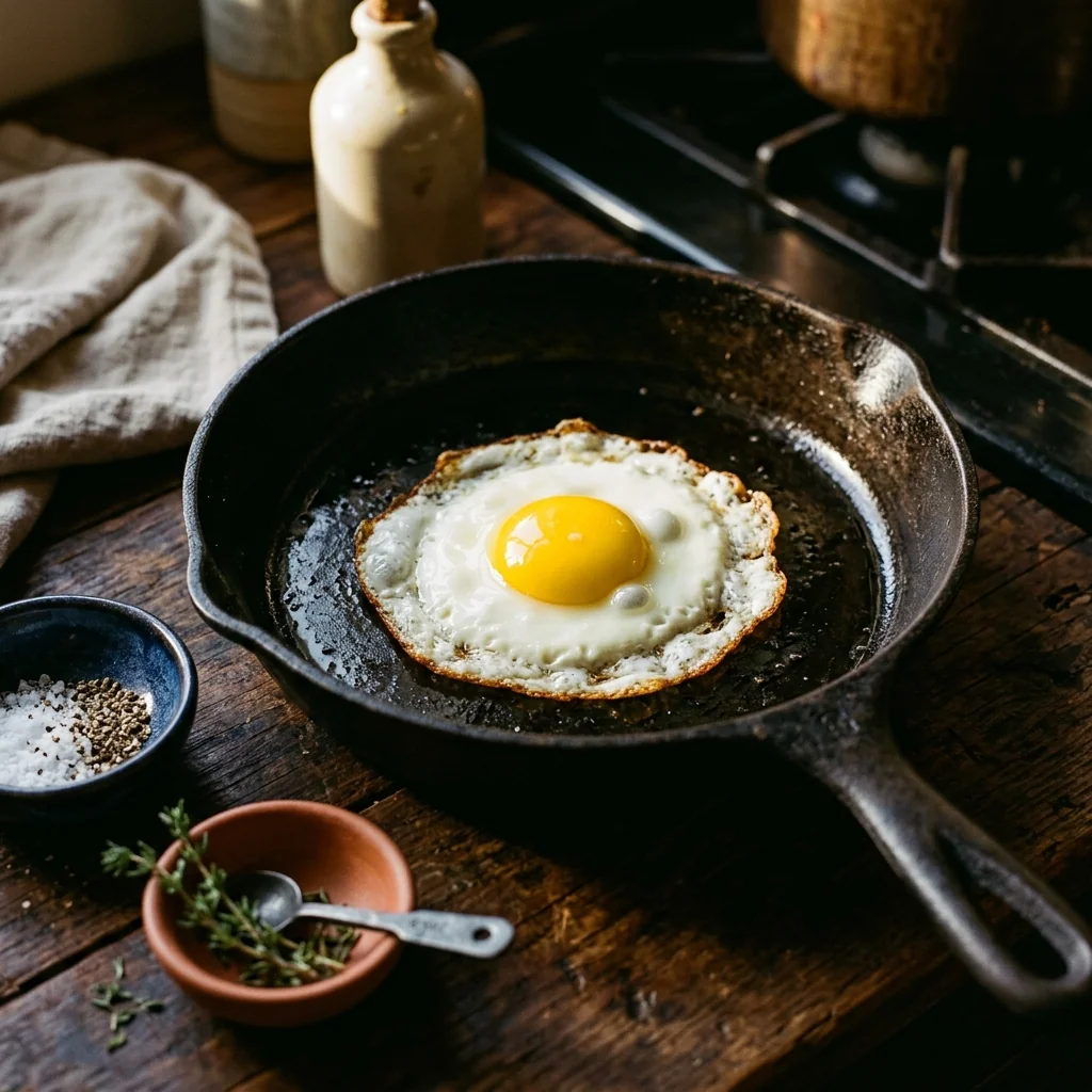 Spiegelei in einer Pfanne, weißes Eiweiß fest, gelbes Eigelb noch flüssig glänzend.