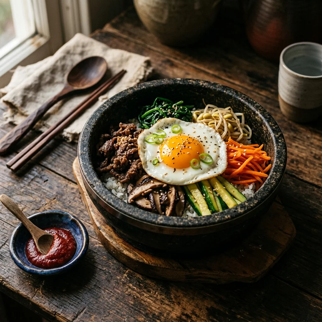 Bibimbap fertig angerichtet — Reis, sechs Namul kreisförmig, Spiegelei zentral, Gochujang auf der Seite.
