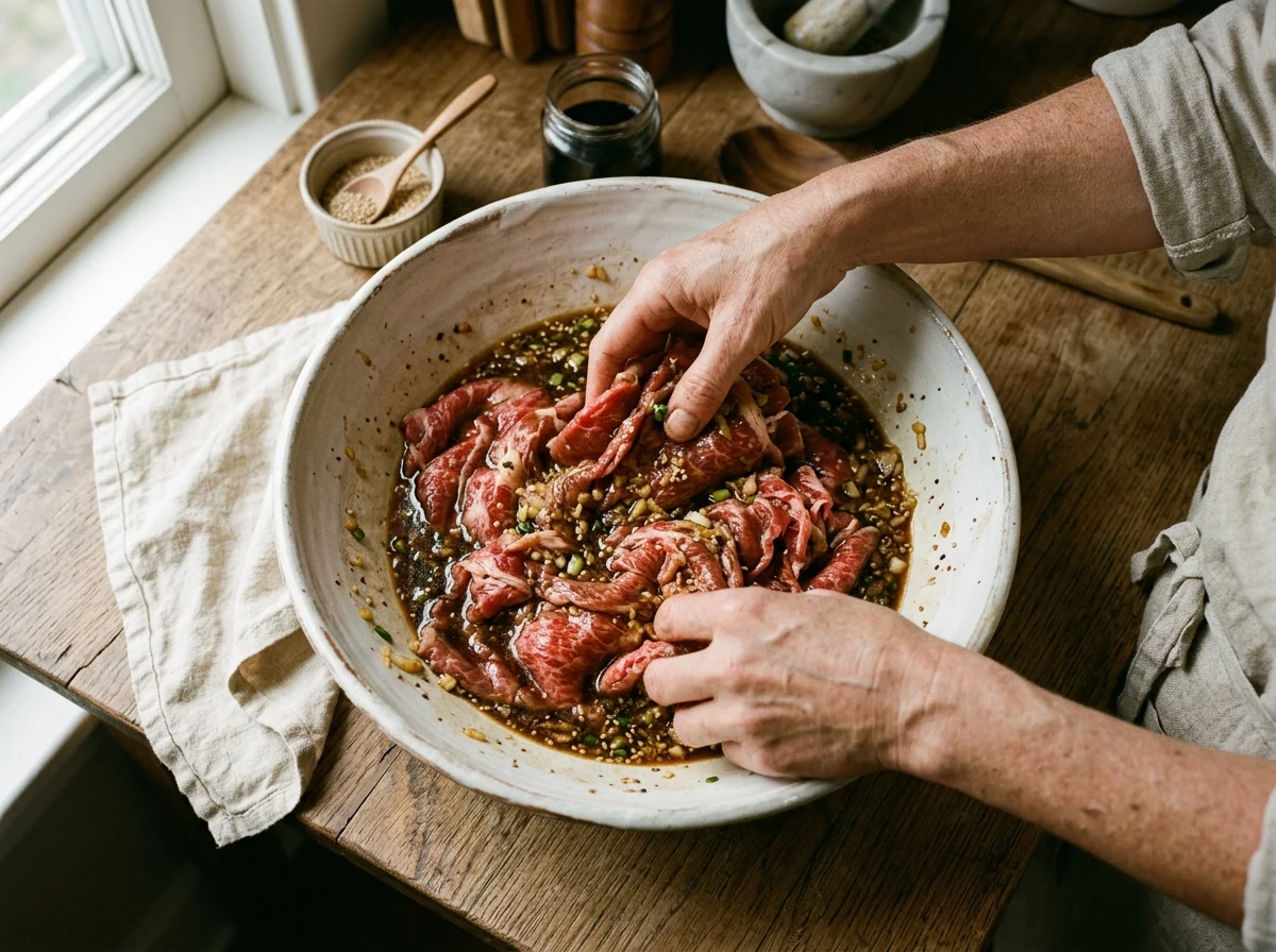 Hauchdünne Rinderstreifen werden in glänzender brauner Marinade gewendet, sichtbar Birnenstücke und geriebener Knoblauch.