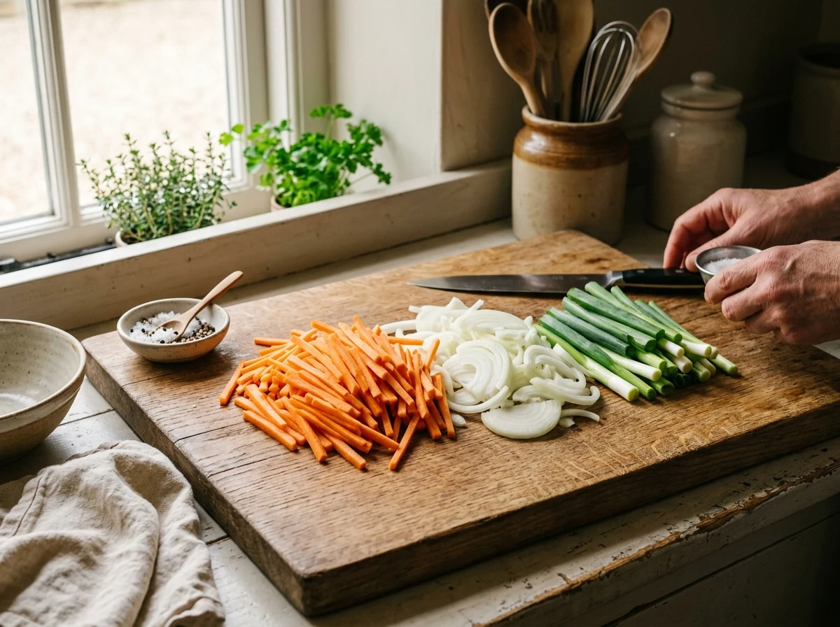Karotten-Julienne, Zwiebel-Halbringe und Frühlingszwiebel-Stücke auf einem hölzernen Schneidebrett.