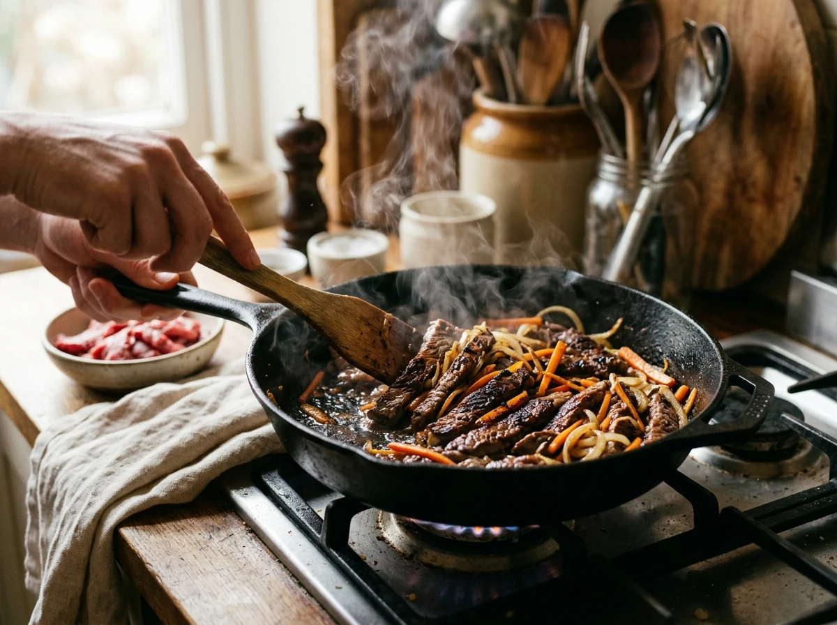 Hauchdünne Rinderstreifen mit dunklen Karamellstreifen in einer heißen schweren Pfanne, Zwiebel und Karotte teilweise sichtbar.