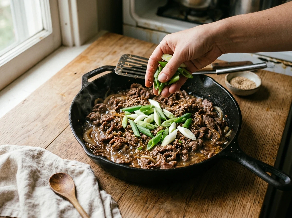 Frühlingszwiebel-Stücke werden zu fertig gebratenem Bulgogi in der Pfanne gegeben.
