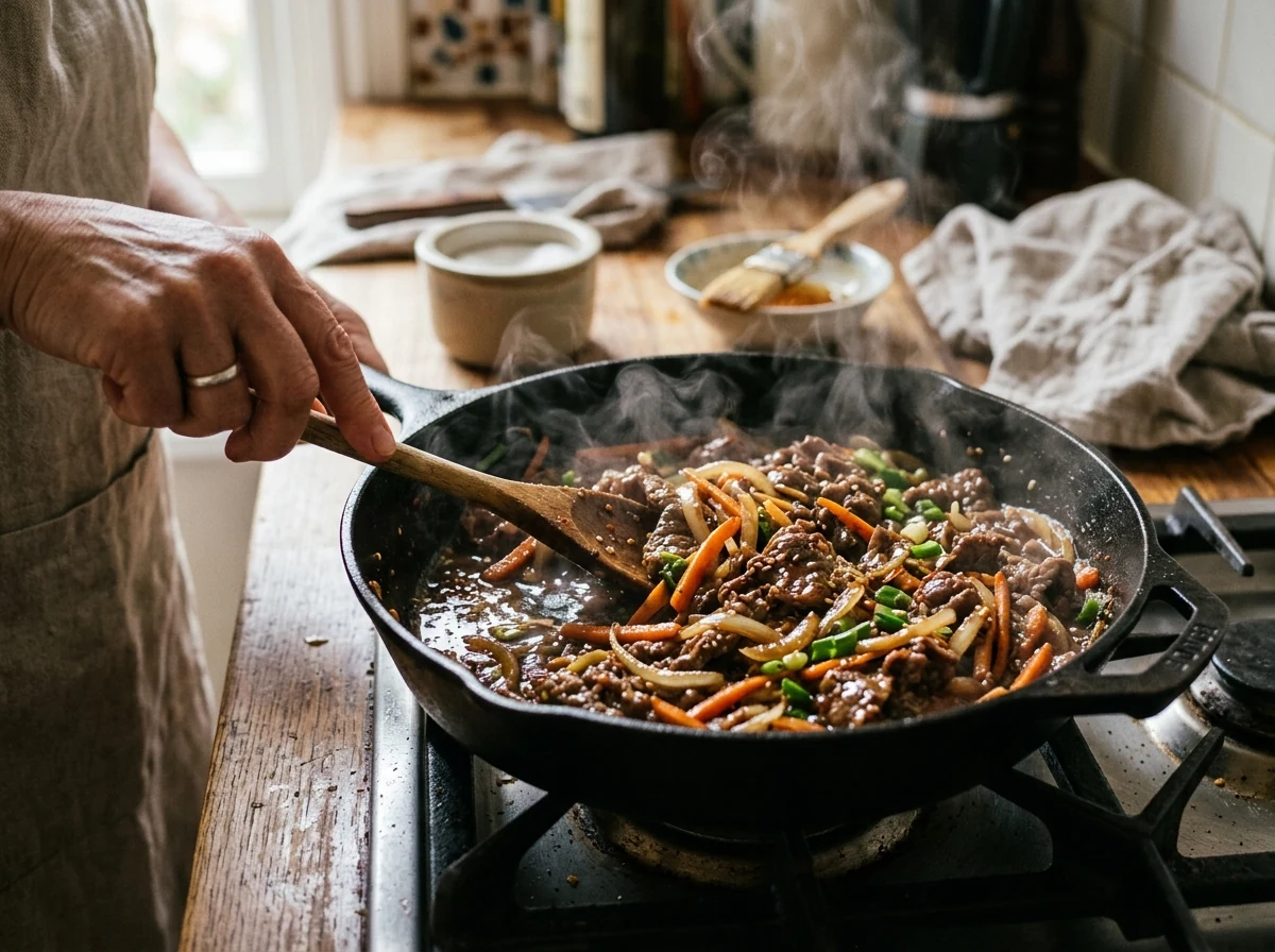 Bulgogi mit Zwiebeln, Karotten und Frühlingszwiebel in der Pfanne, glänzend mit Marinade-Glasur.