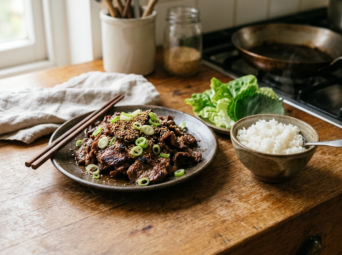 Bulgogi auf einem Teller mit Sesamsamen, daneben eine Schale Kurzkorn-Reis und Salatblätter.