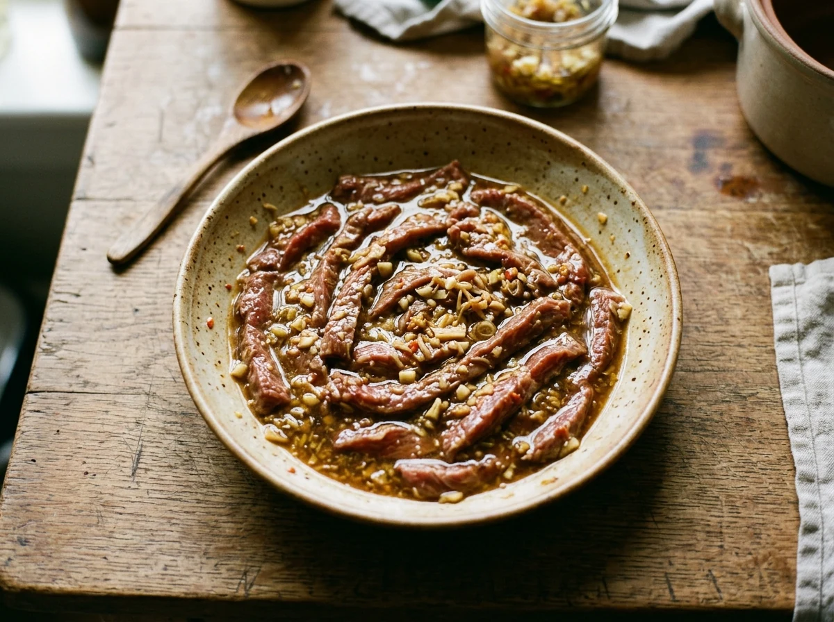 Dünne Rindfleisch-Streifen in Zitronengras-Knoblauch-Marinade in einer flachen Schale.
