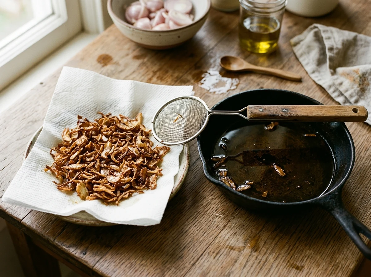 Goldbraun geröstete Schalotten-Stücke auf Küchenpapier neben einer kleinen Pfanne.
