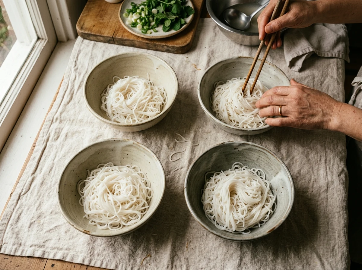 Tiefe Schalen mit weißen lockeren Bún-Reisnudeln.
