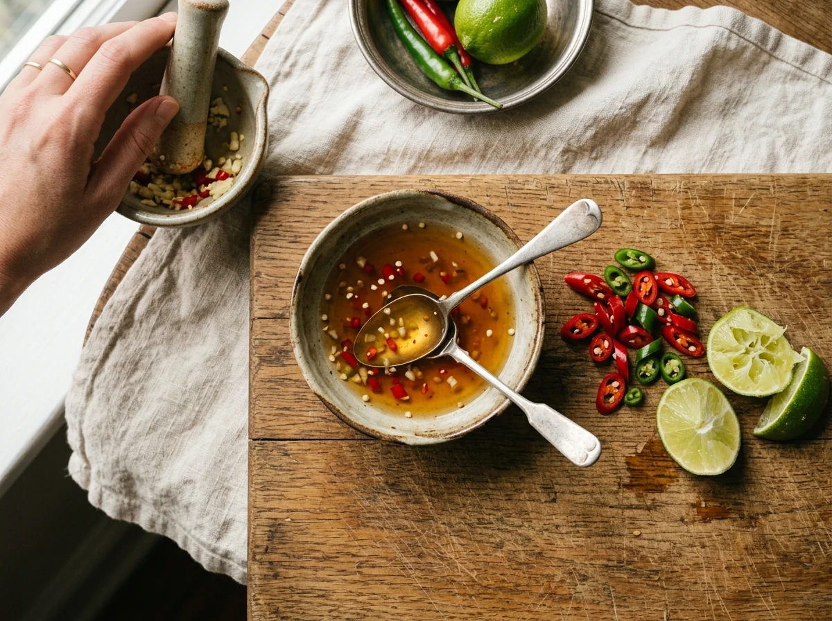 Klare bernsteinfarbene Nuoc-Cham-Sauce in einer kleinen Schale, daneben Limetten und Chili.