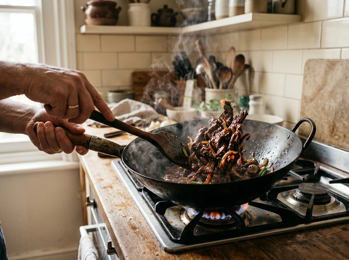 Karamellisierte Rindfleisch-Streifen in einem heißen Wok, Dampf aufsteigend.