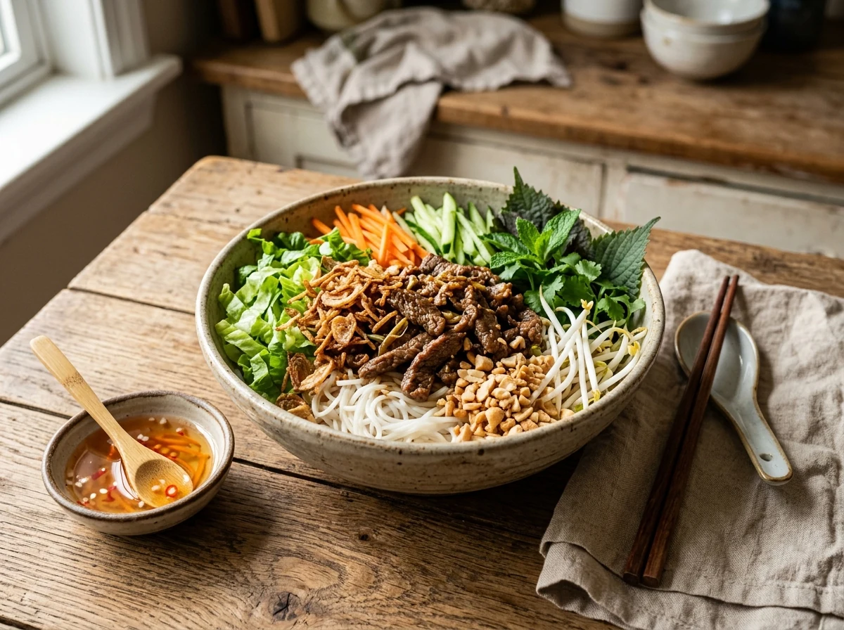 Tiefe Schale mit Bún-Nudeln, karamellisiertem Rindfleisch, Kräutern, Sprossen, gerösteten Schalotten und Erdnüssen.