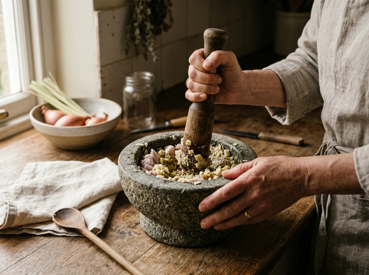 Schalotten, Knoblauch und Zitronengras werden im Mörser zu einer rauen Paste zerstoßen.