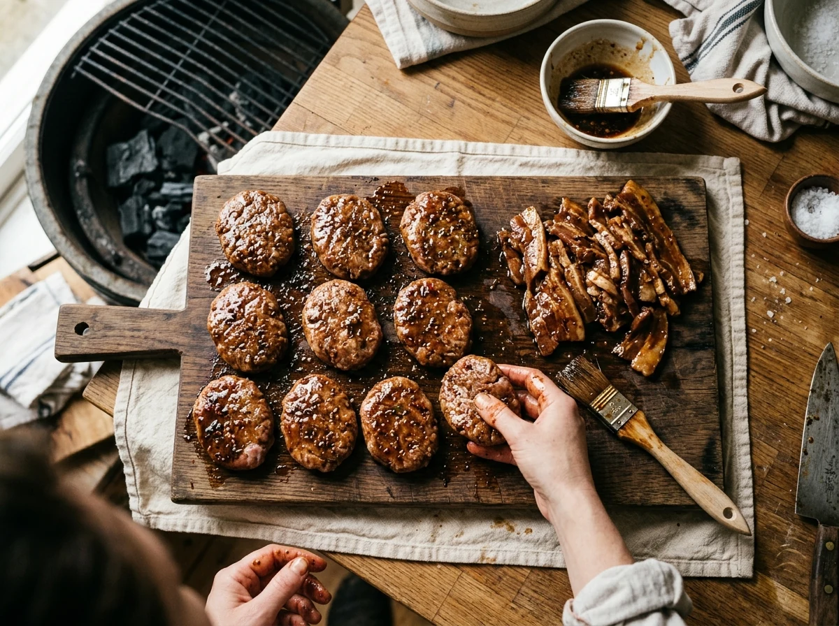 Flache ovale Schweinepatties auf einem Brett, daneben marinierte Schweinebauch-Scheiben.
