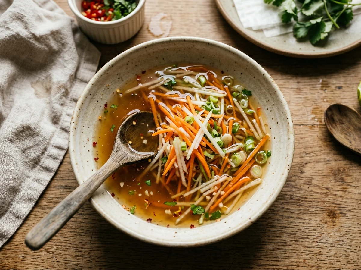 Klare bernsteinfarbene Tunkbrühe in einer Schale, Karotten- und Kohlrabi-Julienne sichtbar.