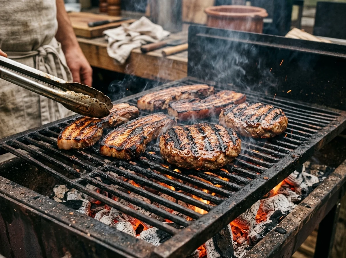 Schweinepatties und Bauch-Scheiben grillen über Holzkohle, tiefe Karamellstreifen, leichter Rauch.