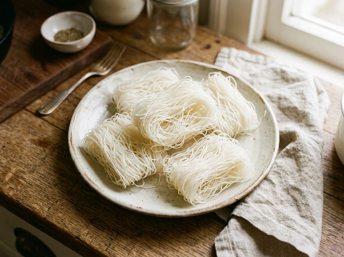 Lockere Nester aus dünnen weißen Bún-Reisnudeln auf einem Servierteller.