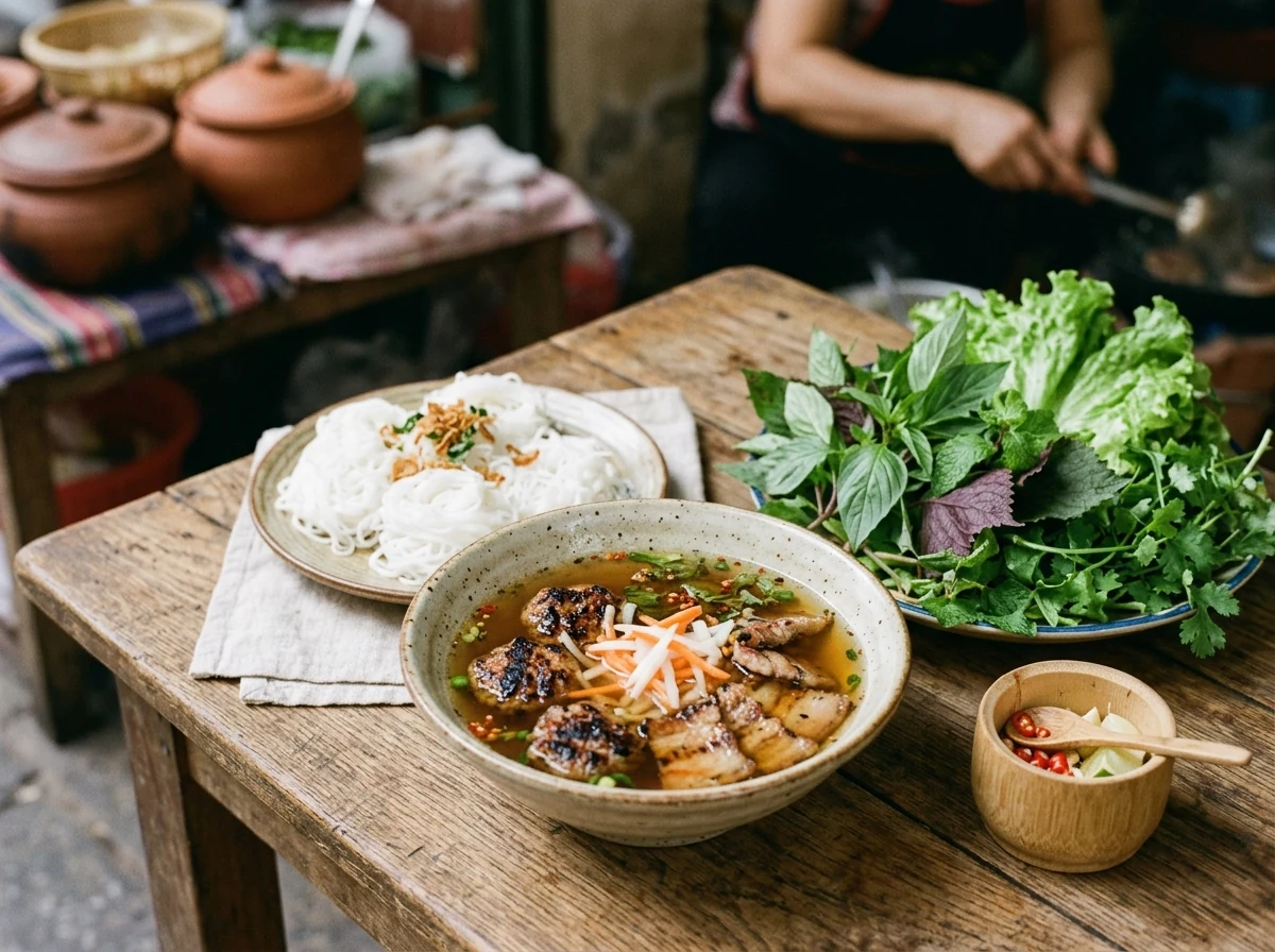 Anrichteszene: Flache Schale mit Fleisch in Brühe, daneben Nudelnester, Kräuterplatte mit Salat und frischen Kräutern.