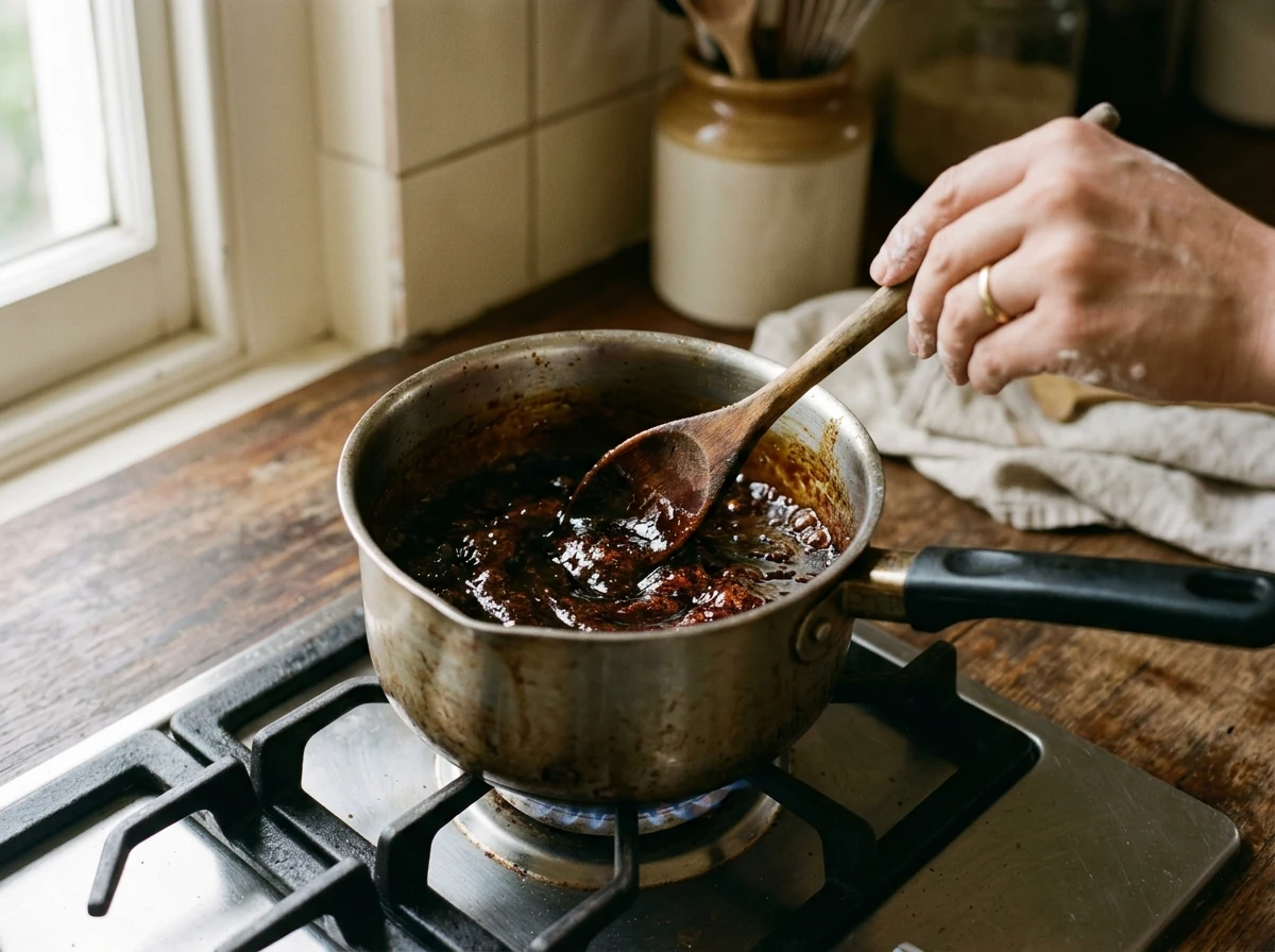 Tieforange-mahagonifarbener Karamell köchelt in einem kleinen Topf, dunkler als typischer Karamell.
