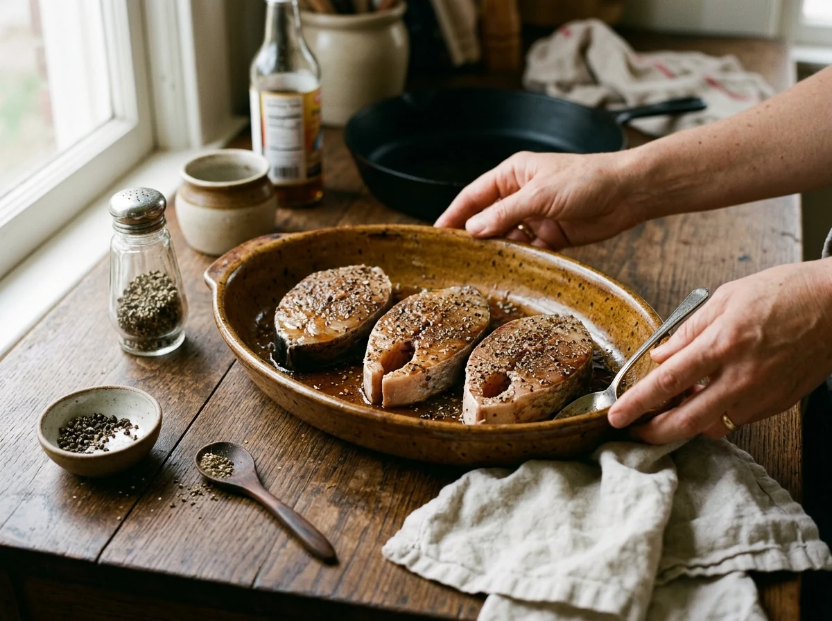 Wels-Steaks in Fischsauce mariniert, daneben gemörsterter schwarzer Pfeffer.