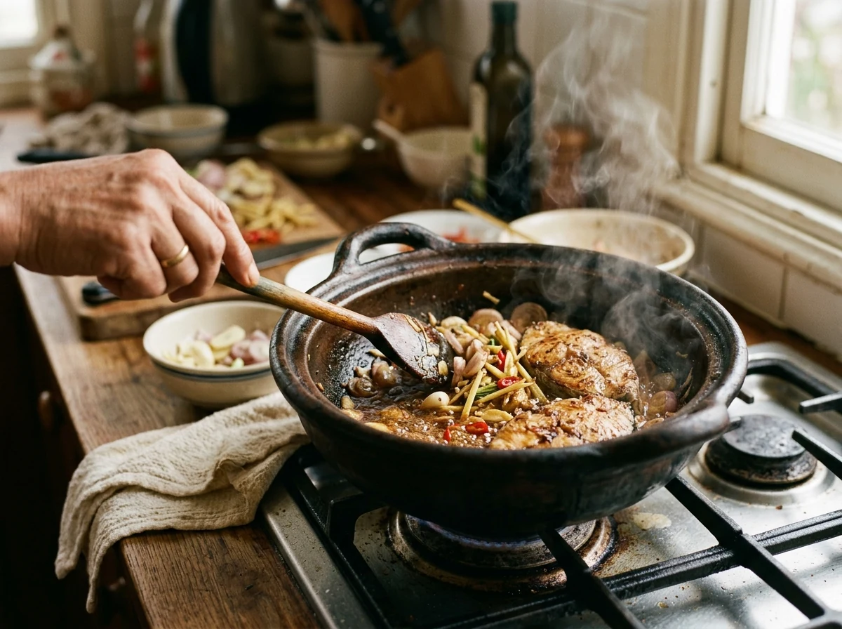 Wels-Steaks werden in einem Tontopf mit Schalotten und Ingwer angebraten.