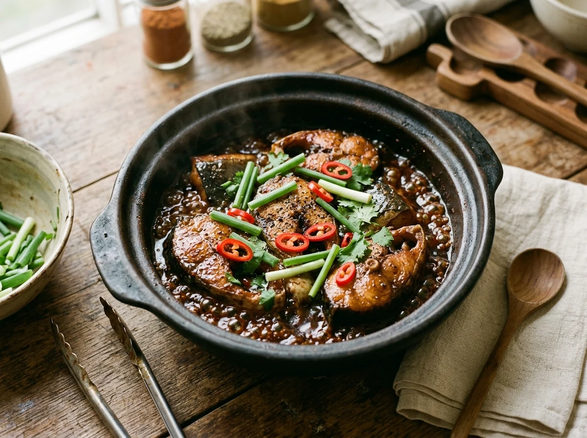 Wels-Steaks in mahagonifarbener Karamellsauce, Frühlingszwiebel und Chili obenauf, sanftes Köcheln.