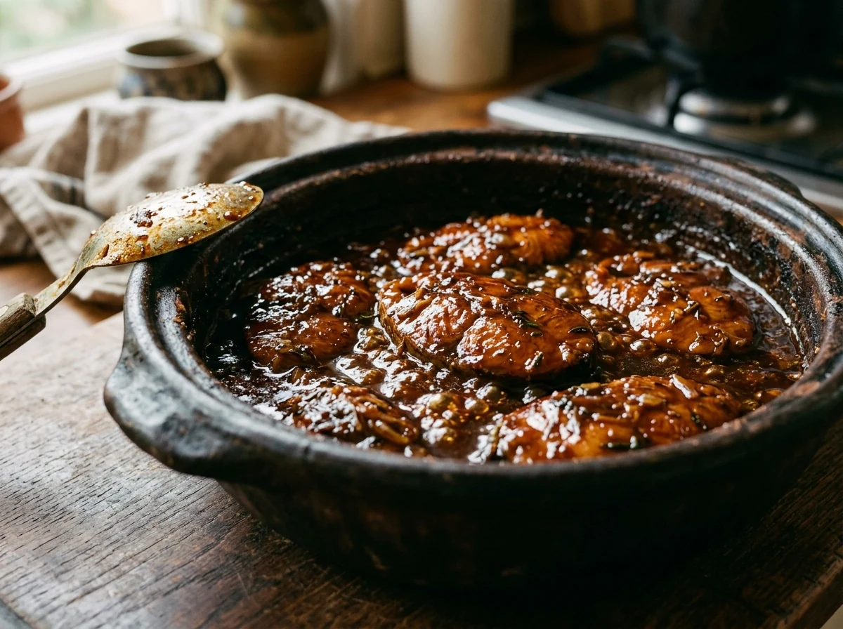 Wels-Steaks in stark reduzierter, sirupartig glänzender Mahagoni-Sauce in einem Tontopf.