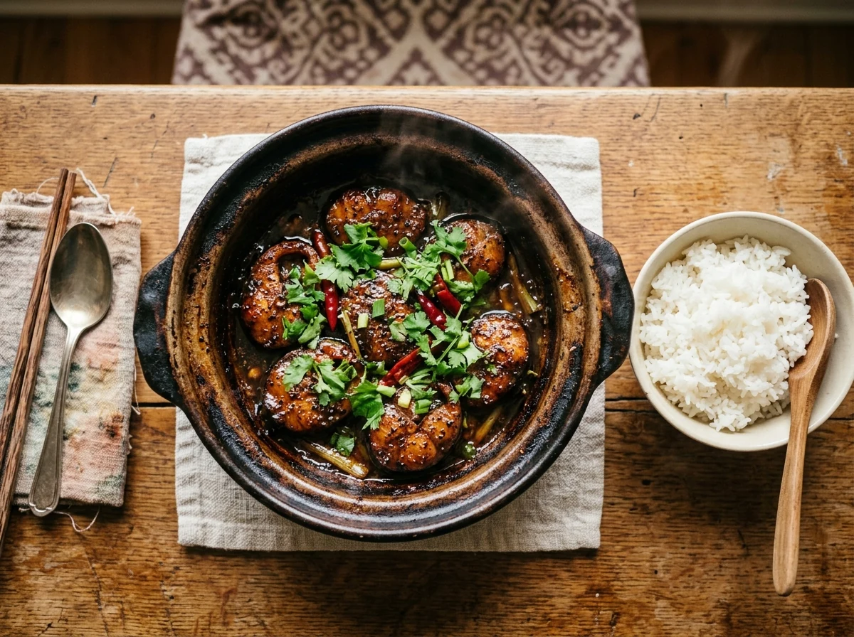 Cá Kho Tộ im Tontopf serviert, mit Koriander getoppt, daneben eine Schale Jasmin-Reis.