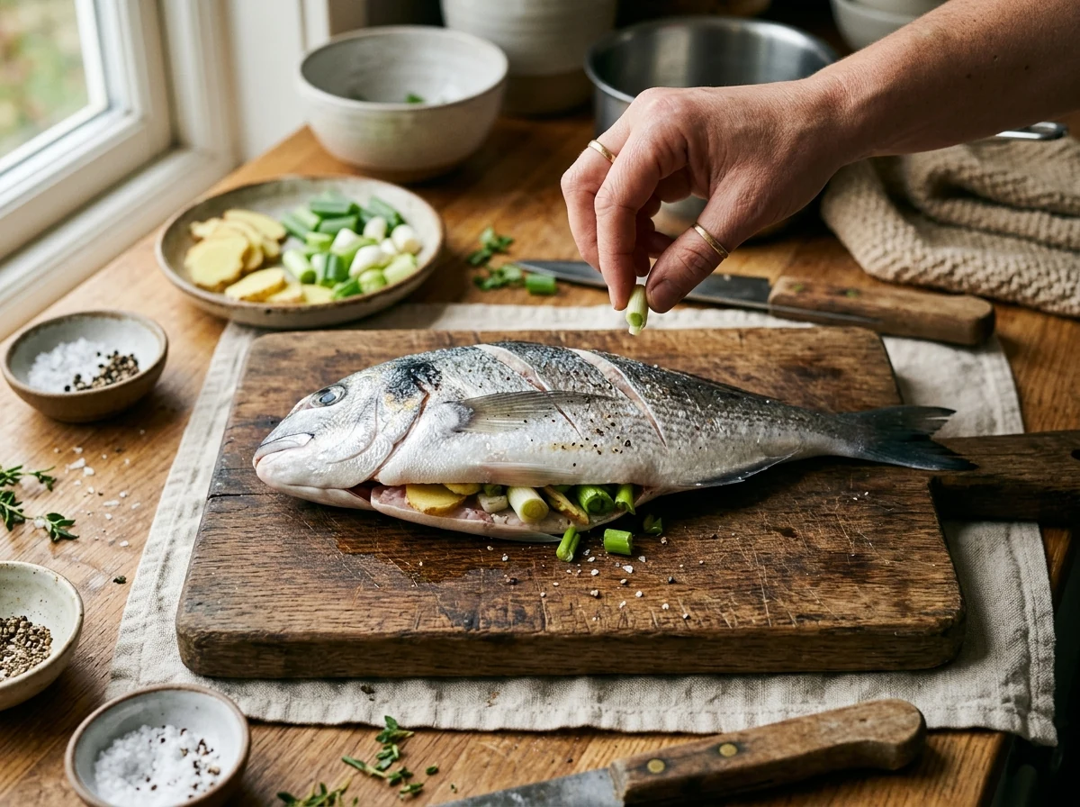 Ganzer Fisch mit drei diagonalen Schnitten auf jeder Seite, Bauchhöhle gefüllt mit Ingwer-Scheiben und Frühlingszwiebel.