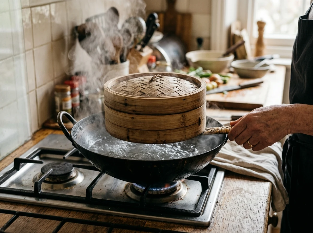 Wok mit sprudelndem Wasser, Bambusdampfeinsatz und einem hitzefesten Teller bereitgestellt.