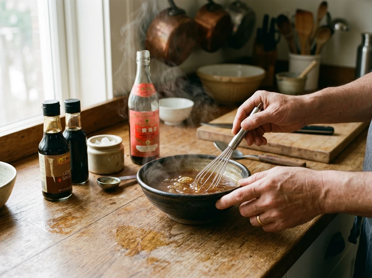 Klare amber-braune Soja-Shaoxing-Sauce in einer kleinen Schüssel.