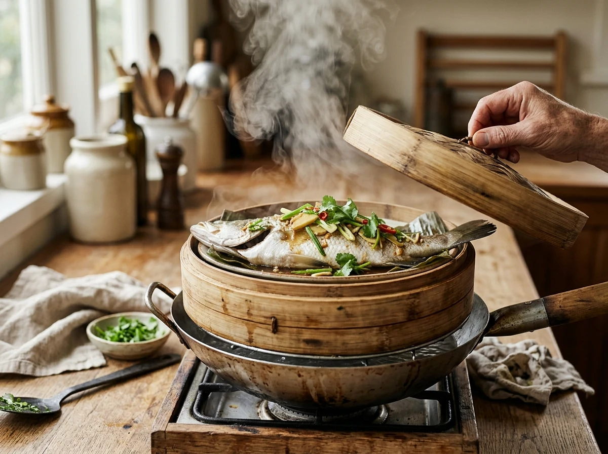 Ganzer Fisch dampft im Bambuseinsatz über sprudelndem Wasser, Deckel halb offen sichtbar.