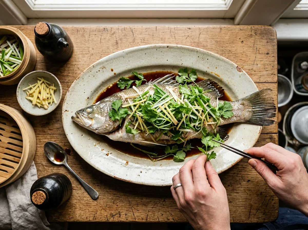 Gedämpfter Fisch auf einem Teller, mit Sauce übergossen und üppig mit Frühlingszwiebel-Streifen, Ingwer-Julienne und Koriander gehäuft.