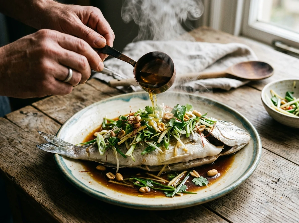 Heißes Erdnussöl wird über die mit Frühlingszwiebel und Ingwer gehäufte Fischoberfläche gegossen, Dampf und Zischen sichtbar.