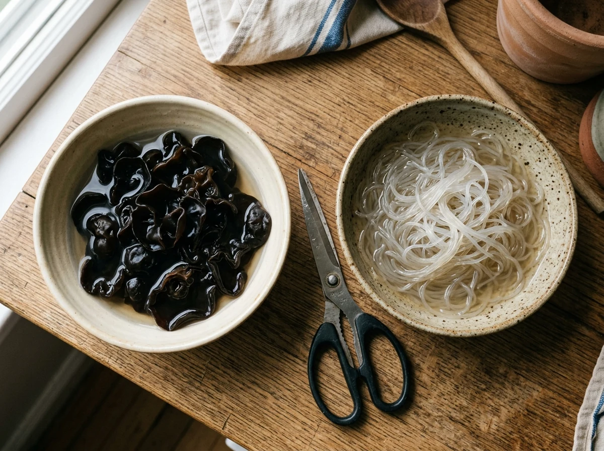 Eingeweichte Mu-Err-Pilze und Glasnudeln in zwei Schalen, daneben eine Schere zum Schneiden.