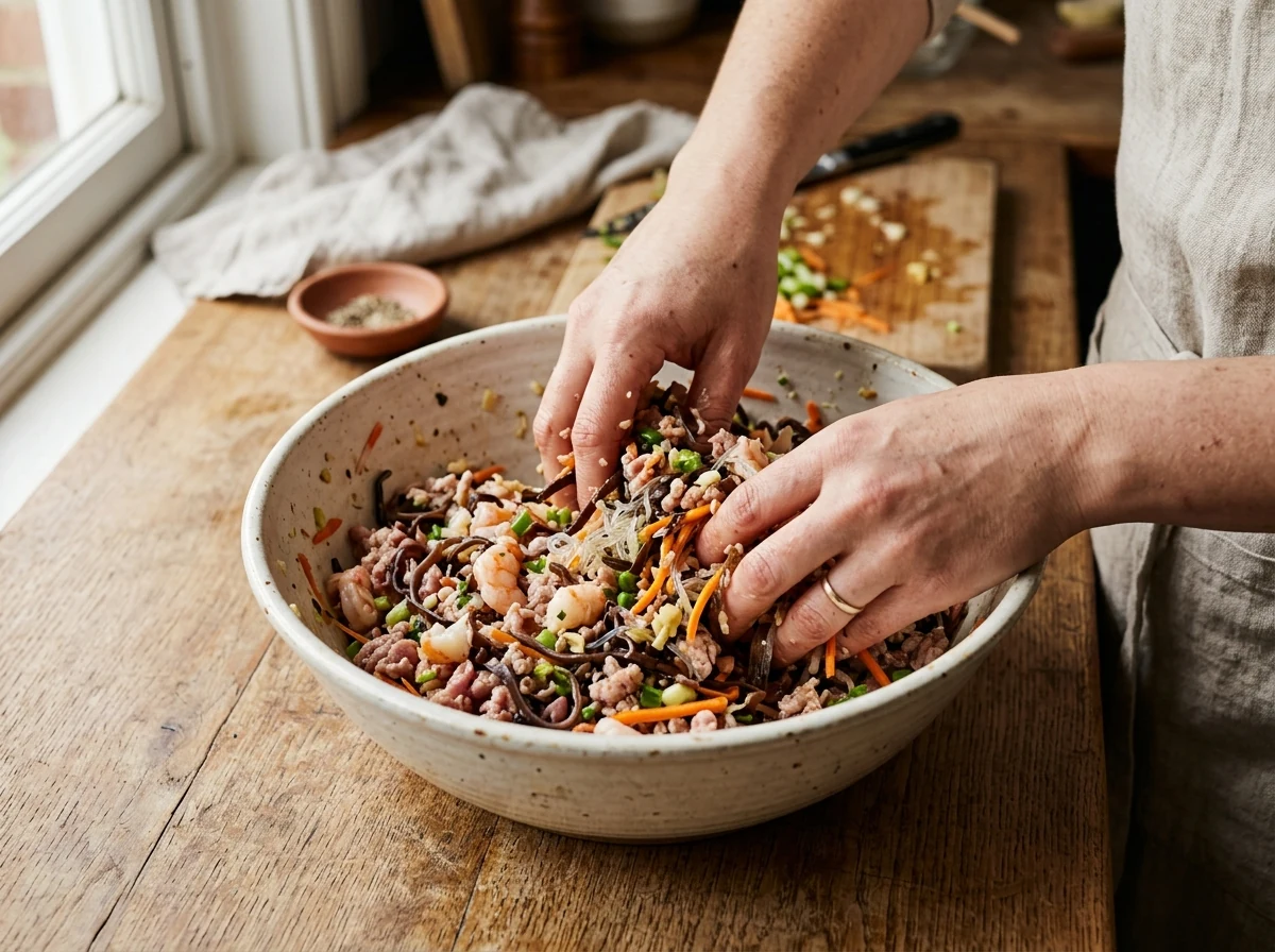 Schüssel mit gemischter Frühlingsrollen-Füllung — sichtbar Hack, Garnelen, Mu-Err, Glasnudel-Stücke, Karotte.