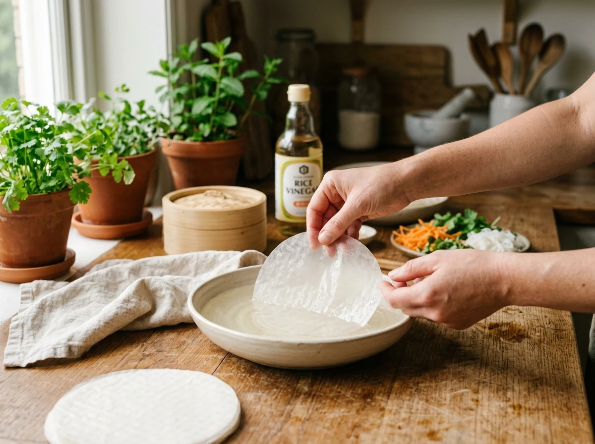 Hände tauchen ein kleines Reispapier-Blatt in eine Schale mit lauwarmem Essigwasser.