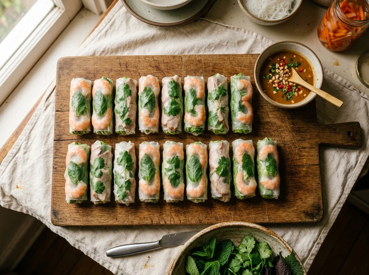 Eng gewickelte vietnamesische Frühlingsrollen, Naht nach unten, in zwei Reihen auf einem Brett.