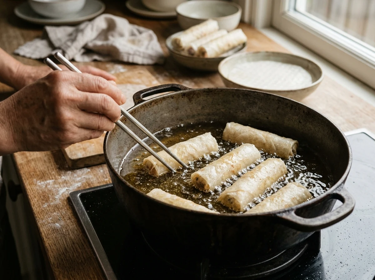 Hellgoldene Frühlingsrollen frittieren in einem Topf mit Öl bei moderater Hitze.