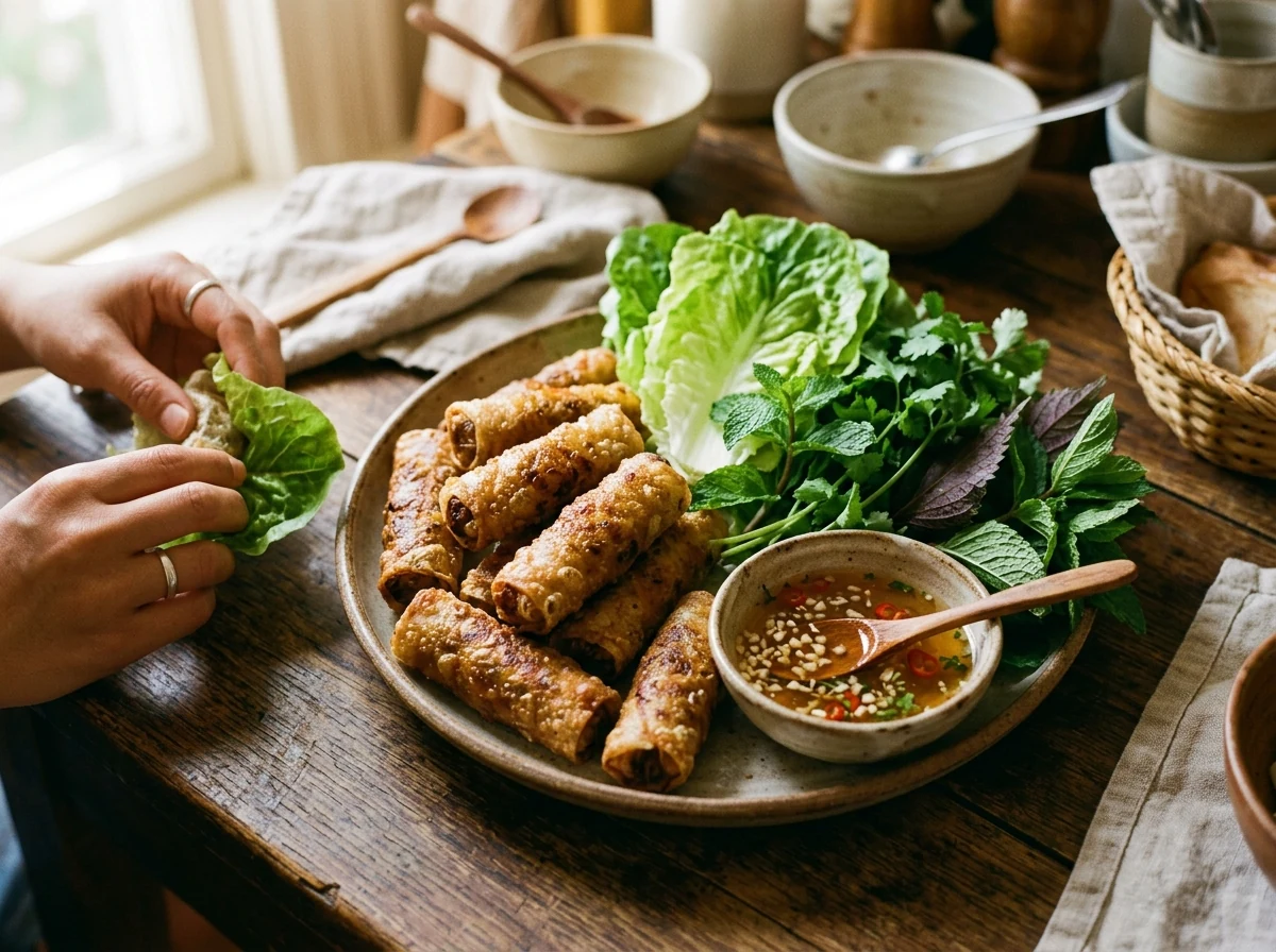 Tiefgoldene blasige Chả Giò auf einem Teller, daneben Salatblätter, Kräuter und eine Schale klare Tunkbrühe.