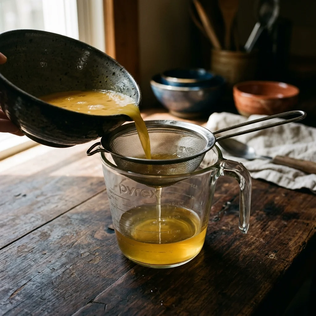 Eimasse wird durch ein feines Sieb in einen Messbecher passiert, glasklar und ohne Bläschen.