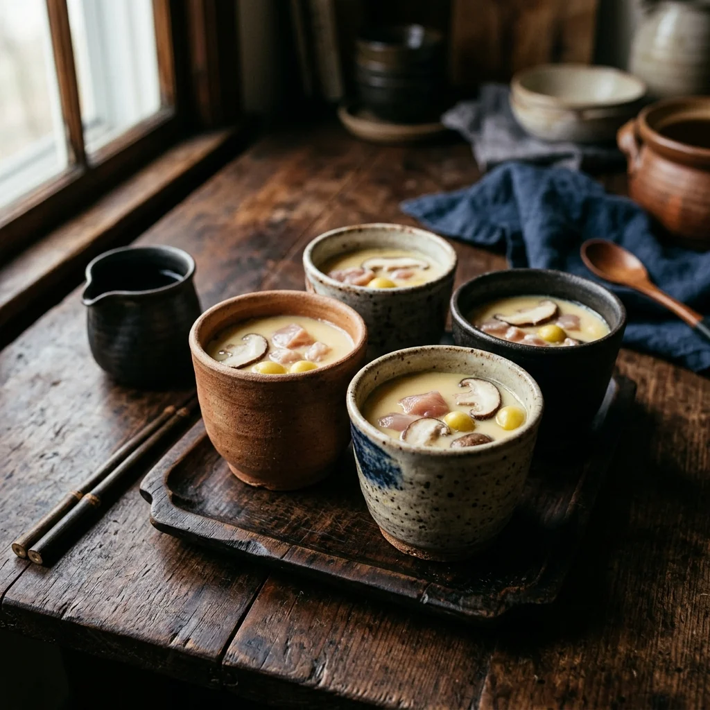 Vier Chawanmushi-Tassen mit Hähnchen, Shiitake und Ginnan auf dem Boden, Eimasse darüber gegossen.